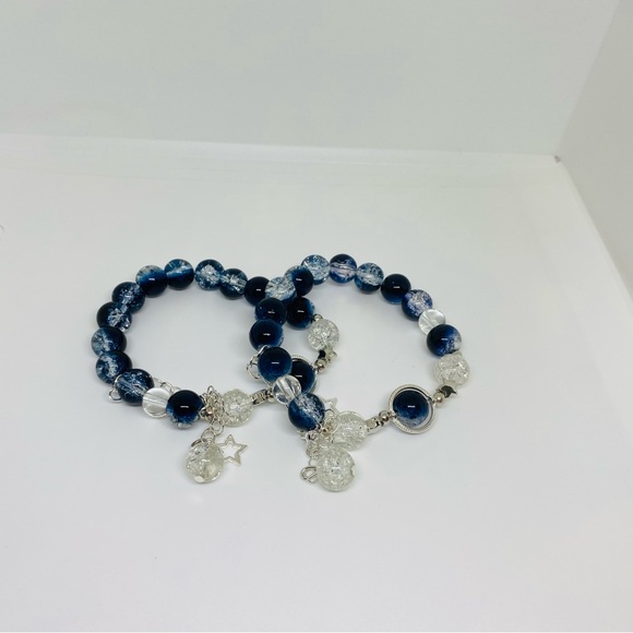 (2 pcs) Elegant Blue and Silver Beaded Bracelet Set | Blue Marble Bracelet - Picture 3 of 7